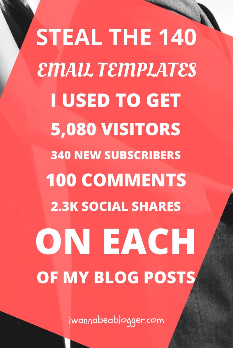 Wondering what kind of emails you need to write to get the best results? Steal my swipe file of 140 (BEST) Email Templates I used to GET 5,080 visitors, 345 email subscribers, 100 comments and 2.3k social shares on each of my blog posts. Click on the pin to get your swipe file!